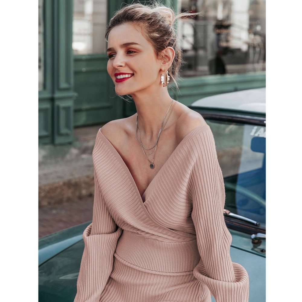 2 Piece Dress Rib Knit Midi V-Neck in Mocha Brown - Picture 6 of 10